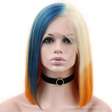 Blue/Orange/613 Blonde Lace Front Wig Ombre Straight Lace Front Wig Bob 13x4 Brazilian Short Human Hair Wigs Pre Plucked Remy